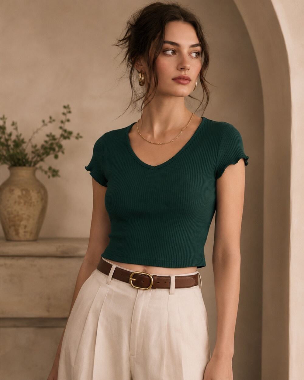 Green Ribbed Short Sleeve V Neck Crop T-Shirt Top Size Small